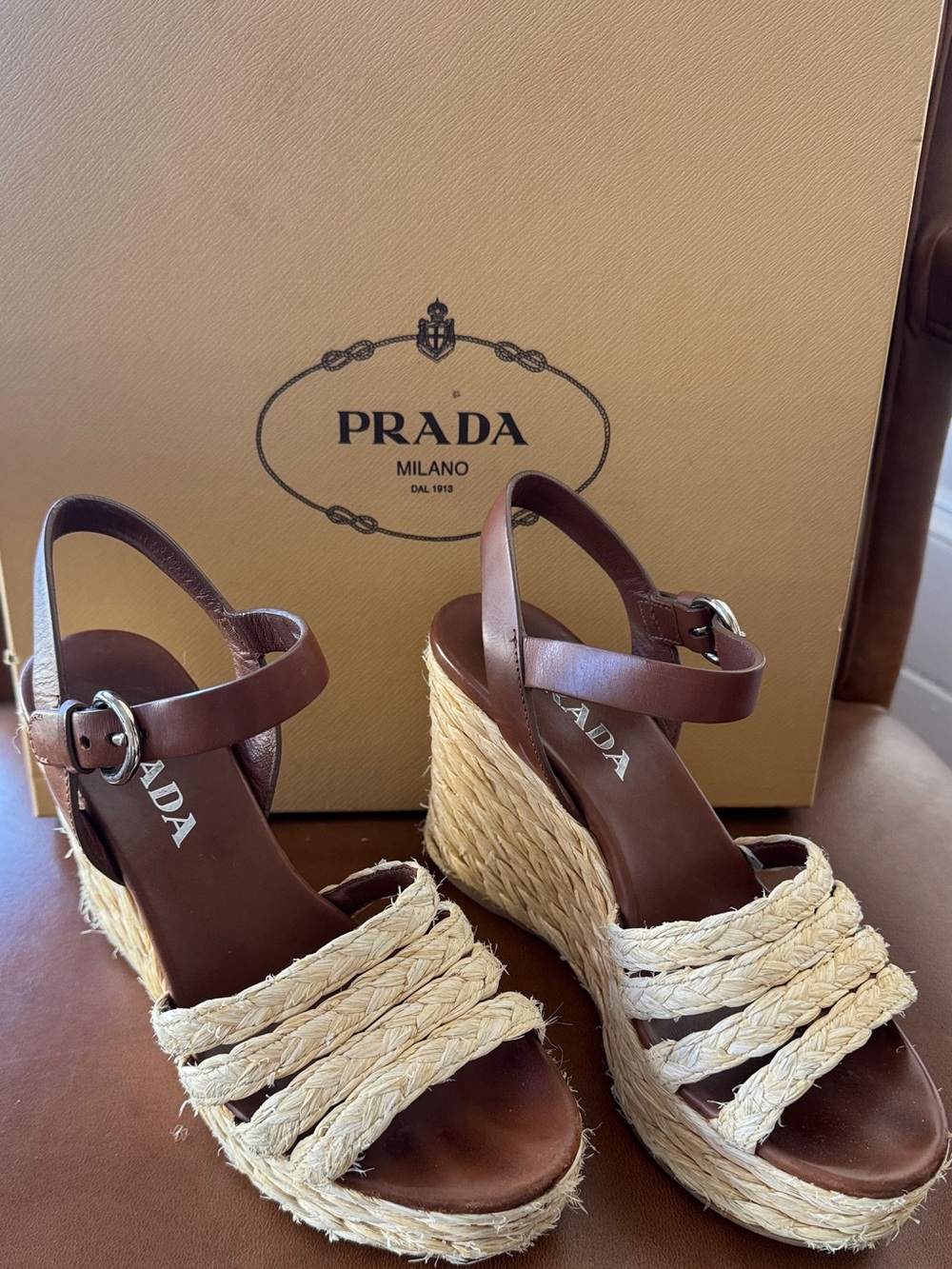 Prada Brown Leather & Natural Braided Espadrille Wedges
